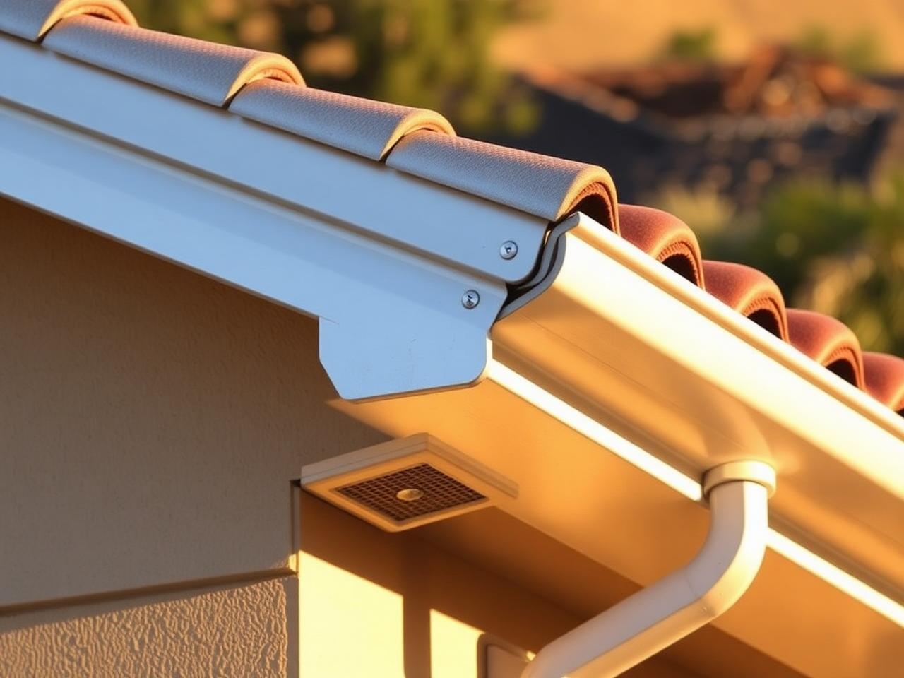 Roof edge, gutter and screened soffit vent on a tile-roofed California home