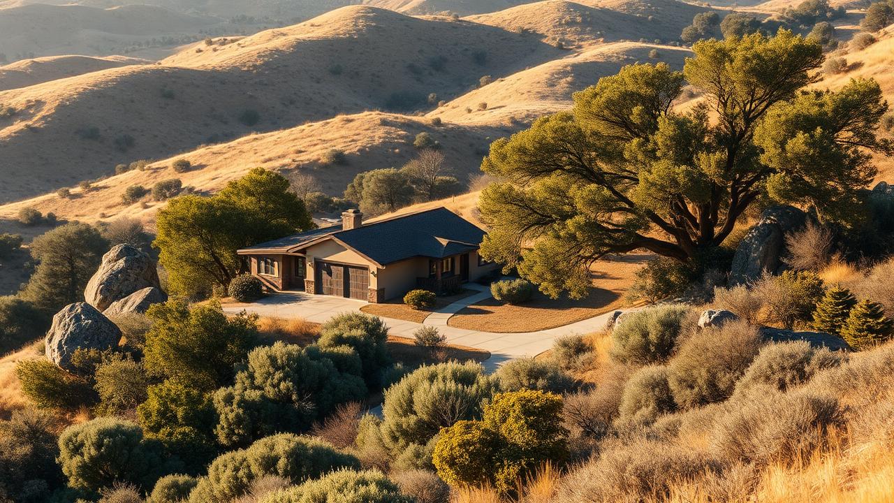 Ranch property set among grassland, oaks and scattered boulders